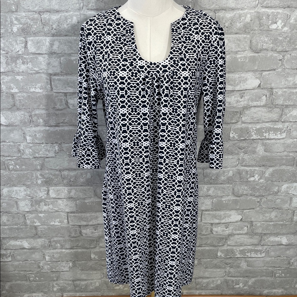 Aryeh Black and White Geometric Bell Sleeve Dress